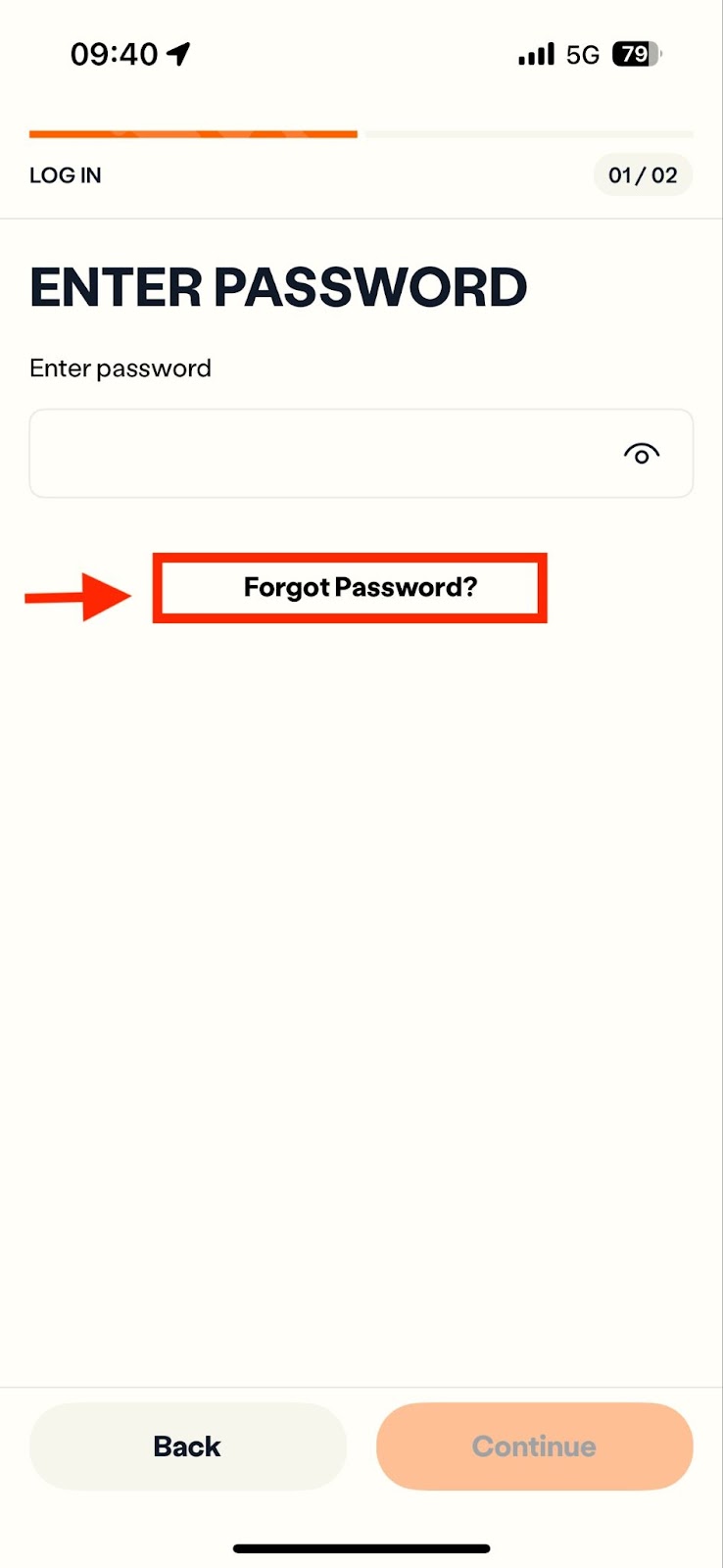 image showing the enter password screen and highlighting the forgot password button