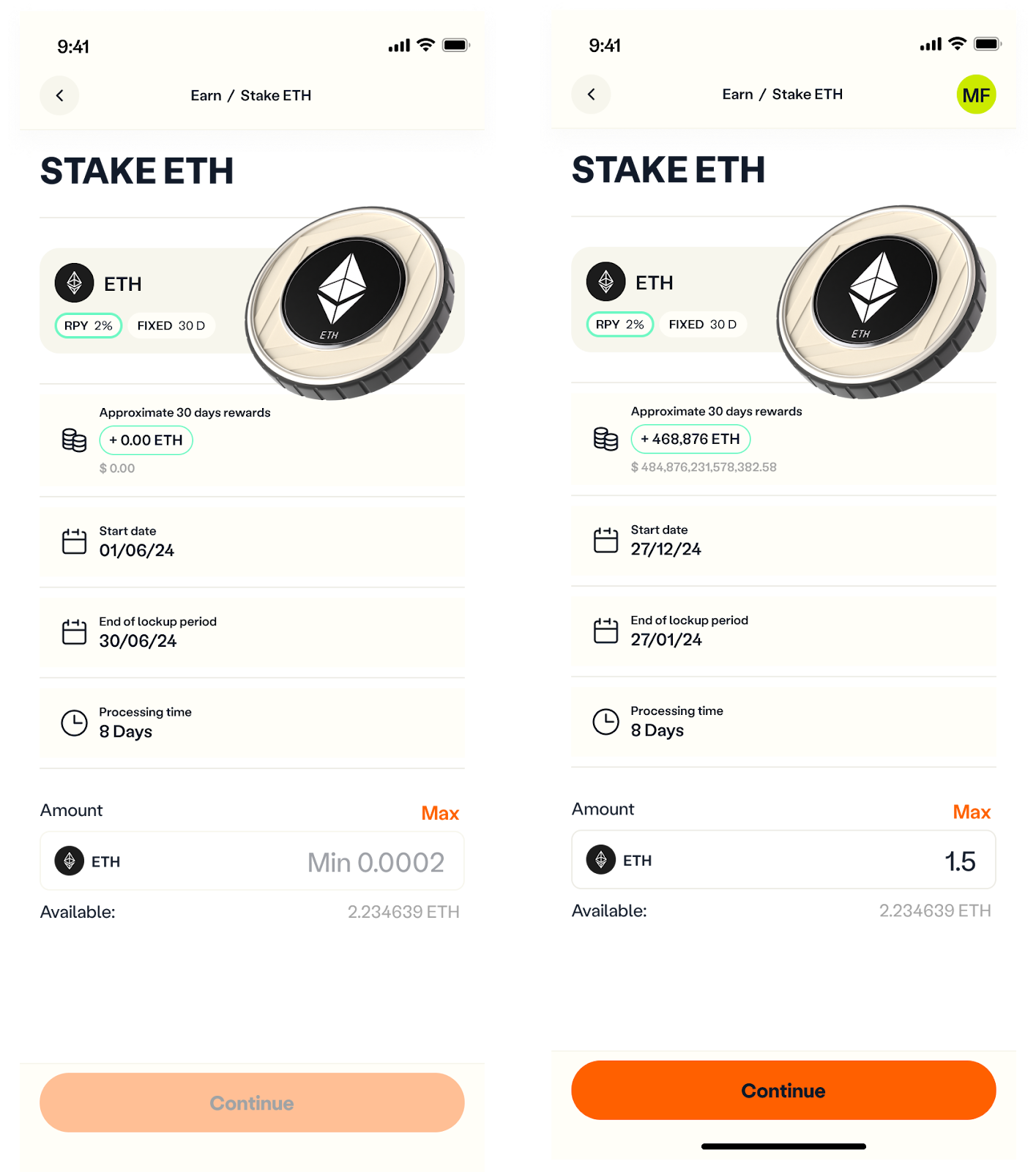 screenshot of the page where users can select the amount to stake, they can also see additional information like processing time, start and end date...etc