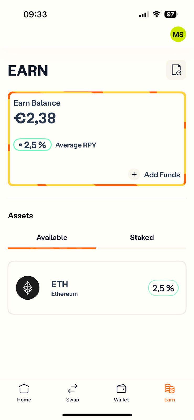 Screenshot of the Earn dashboard showing available staking assets