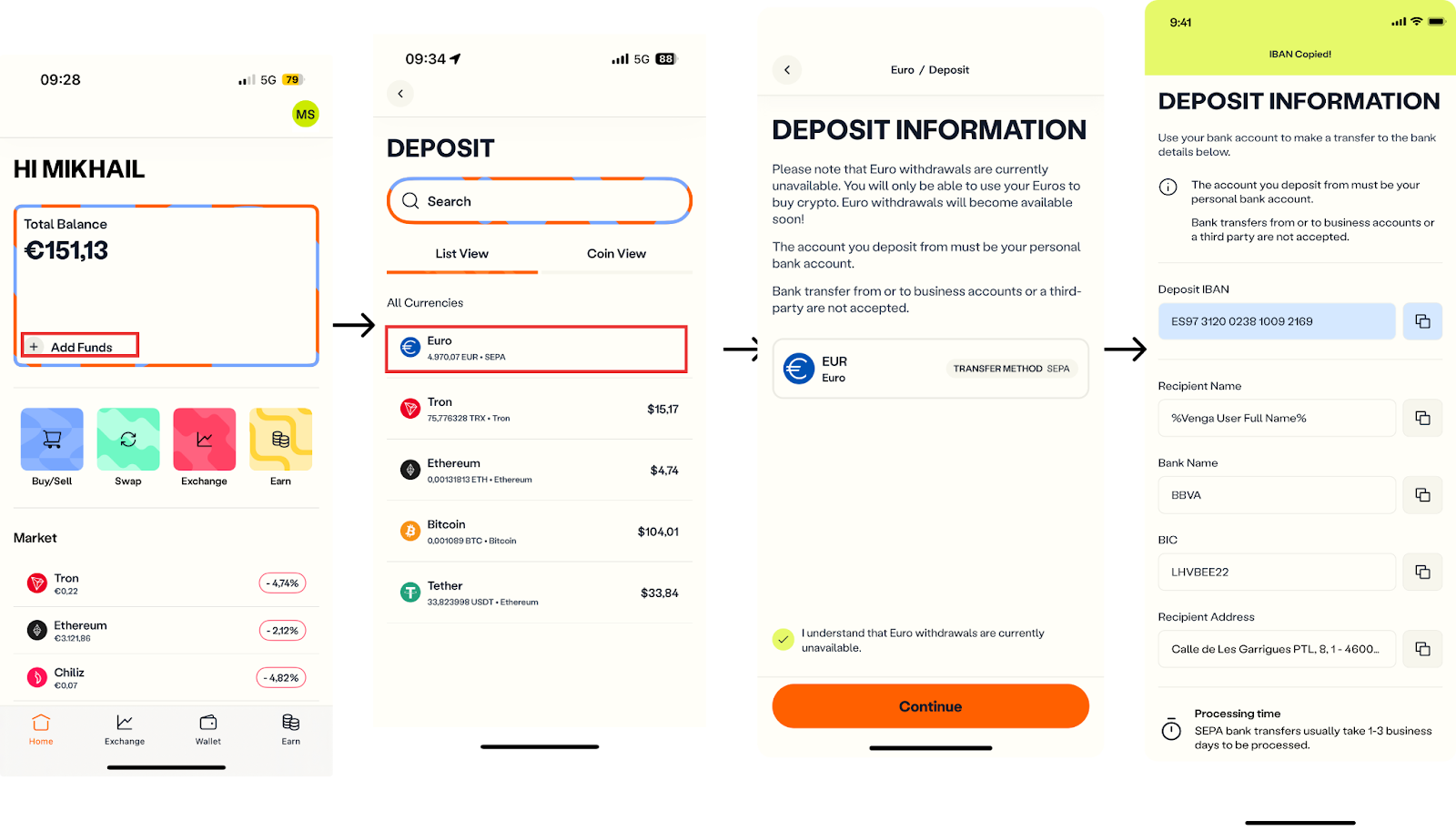 Screenshots of the app screens showing the process of depositing euros to the user Venga account starting from the Homepage