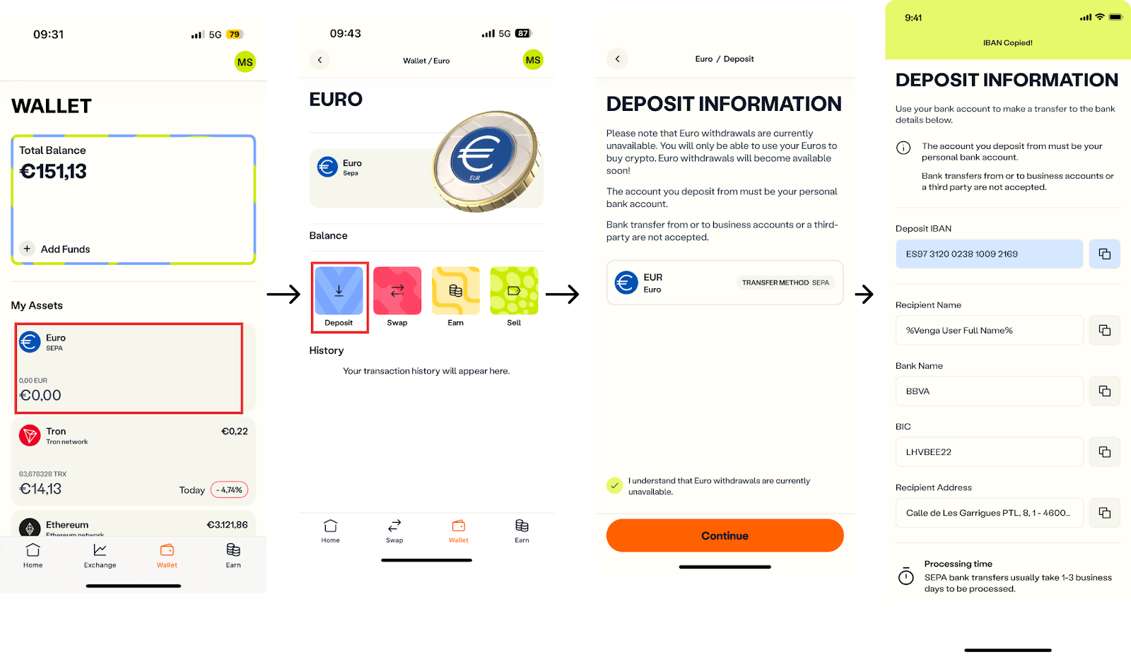 Screenshots of the app screens showing the process of depositing euros to the user Venga account starting from the Wallet tab