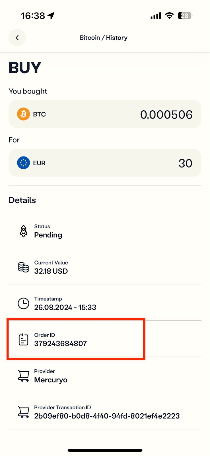 where to find order id inside transaction history