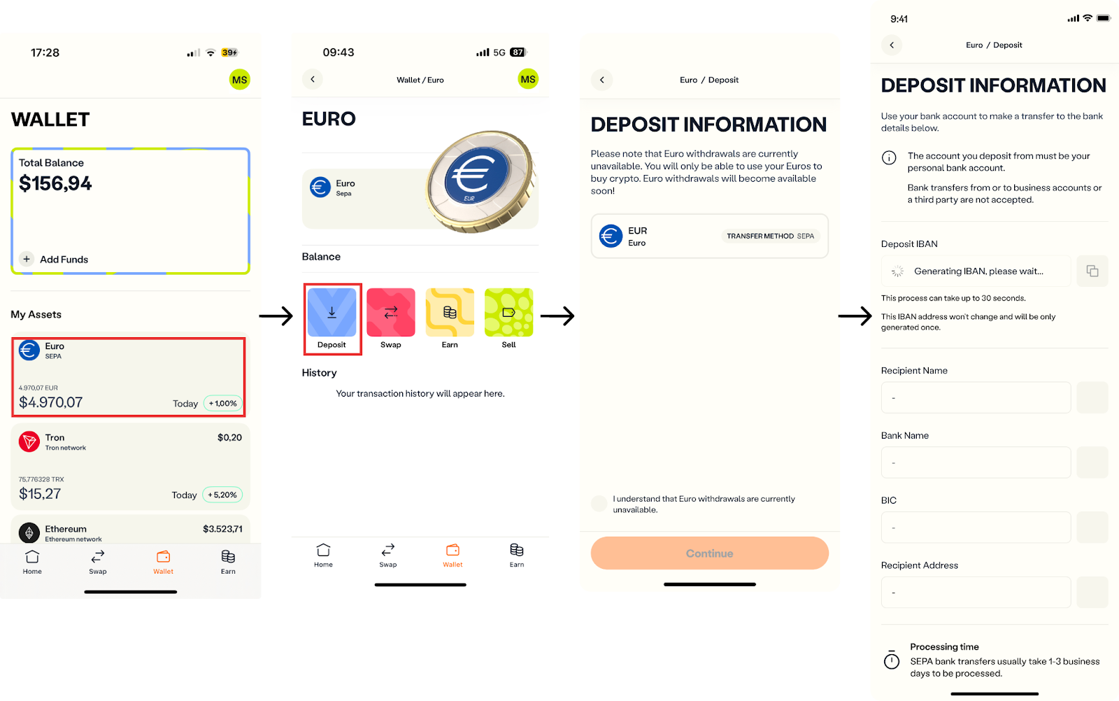 Screenshots of the app screens showing the process of accessing the IBAN account for the first time