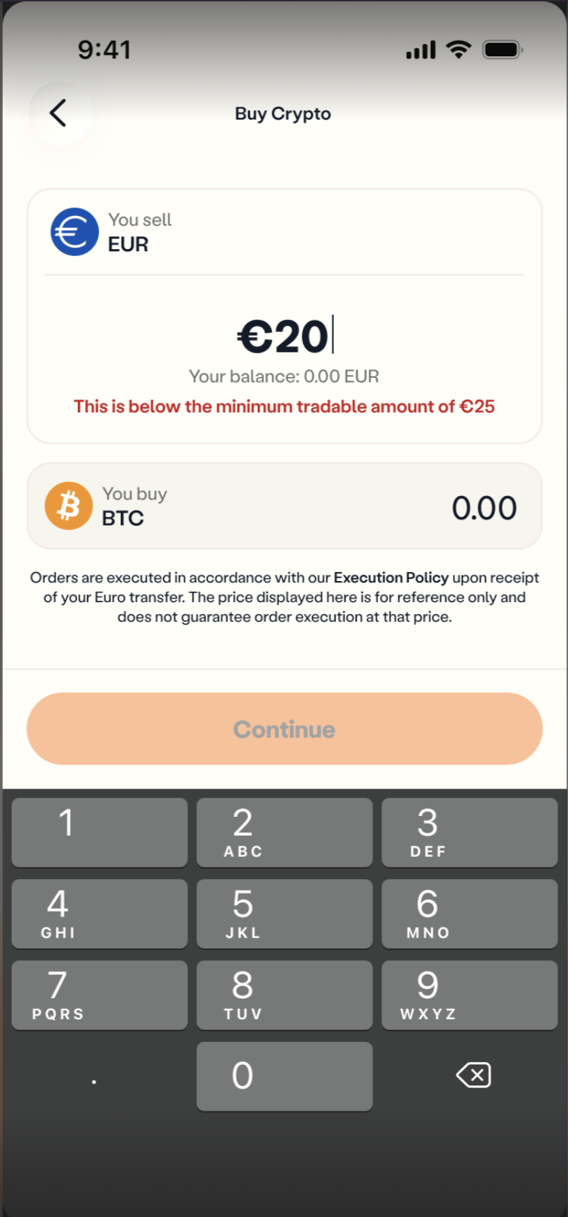 Minimum amount error screen