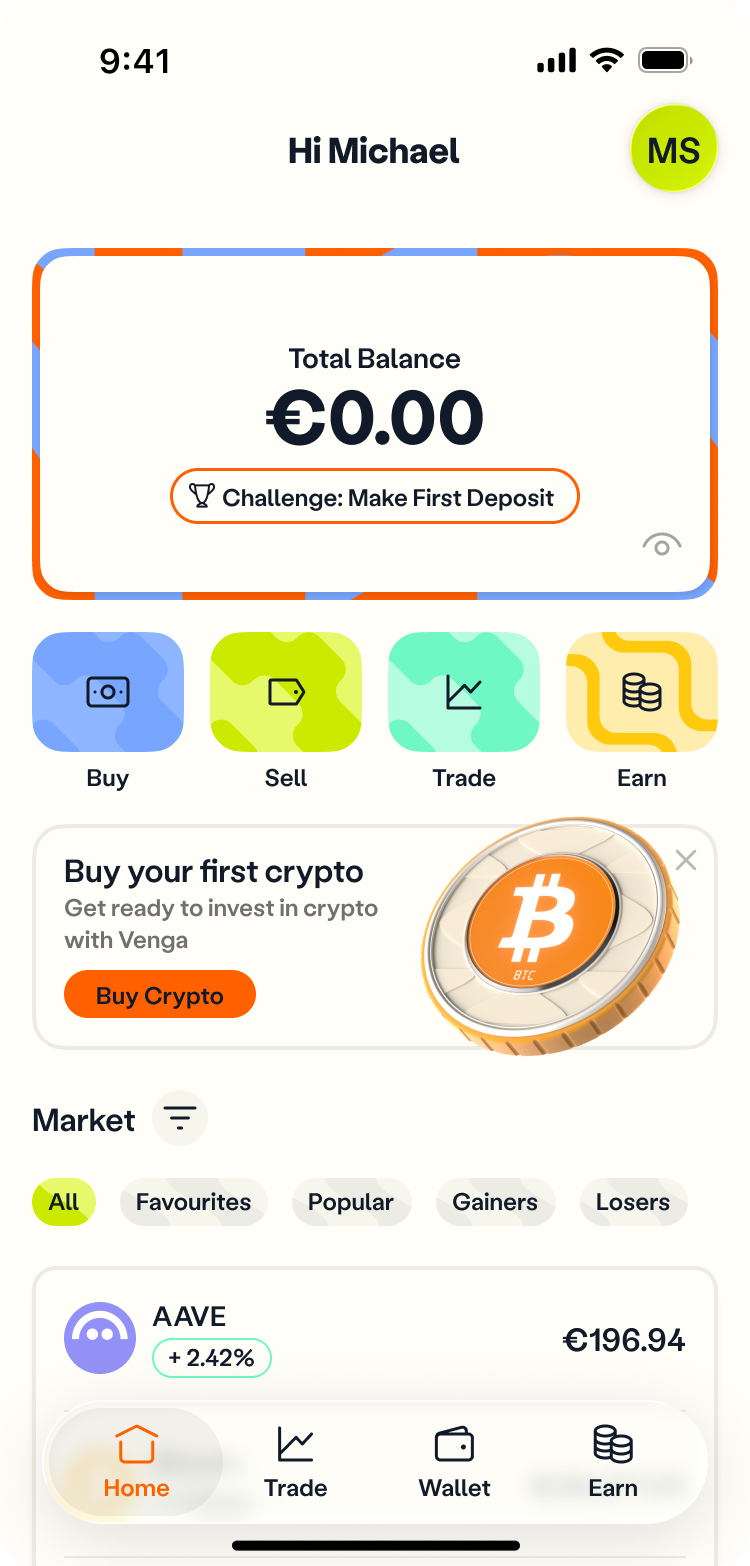 Home screen showing Buy, Sell, Trade, Earn quick actions