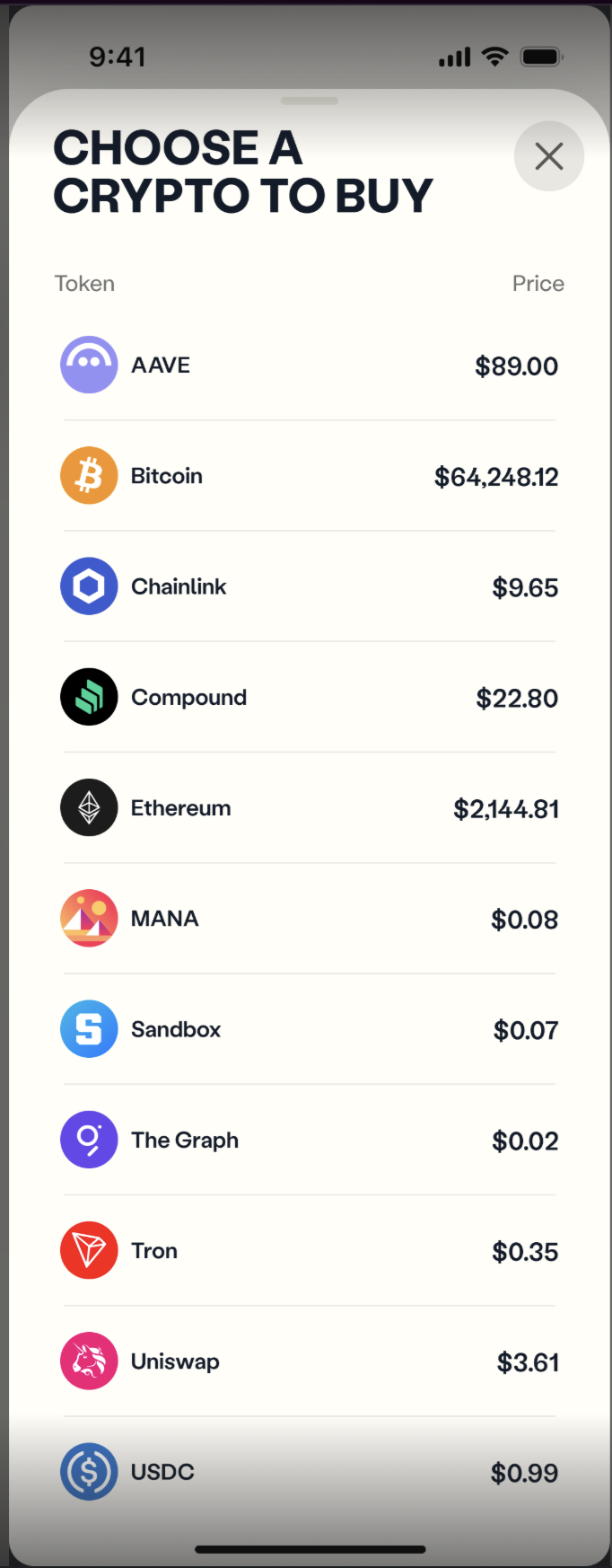 Choose a Crypto to Buy screen