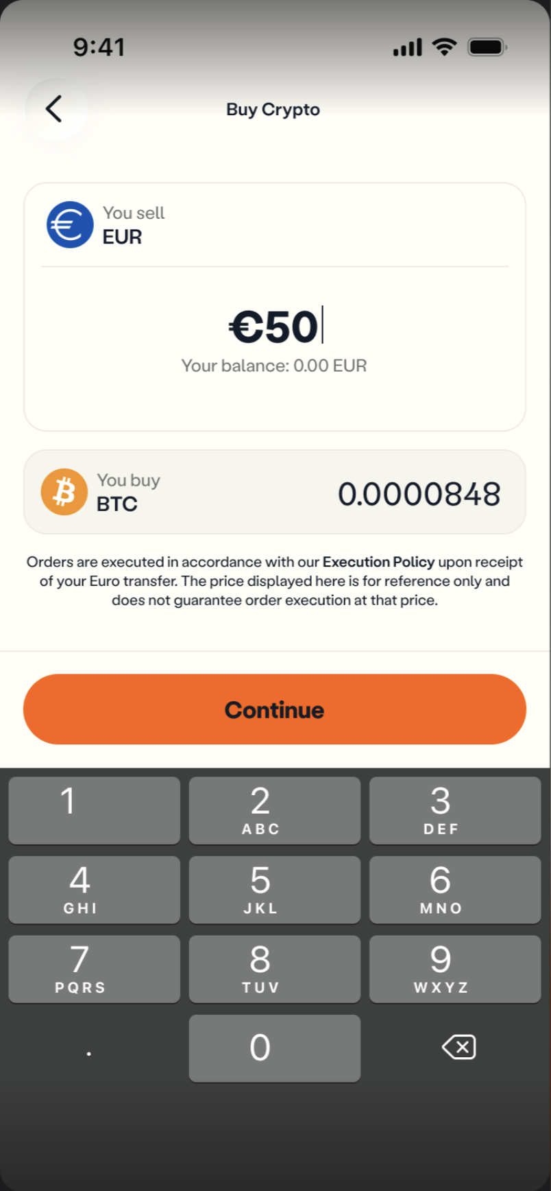 Buy Crypto screen with EUR amount